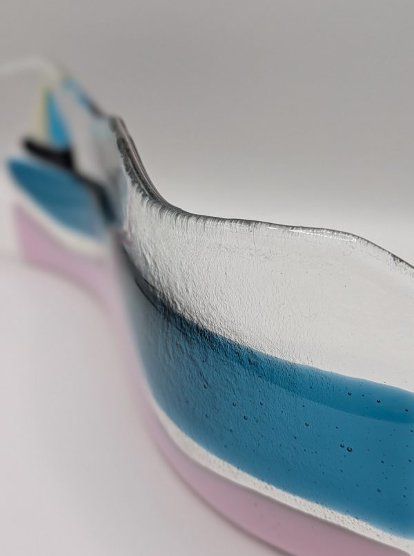 Atlantic Beach glass art featuring pink sand, ocean and boat.
