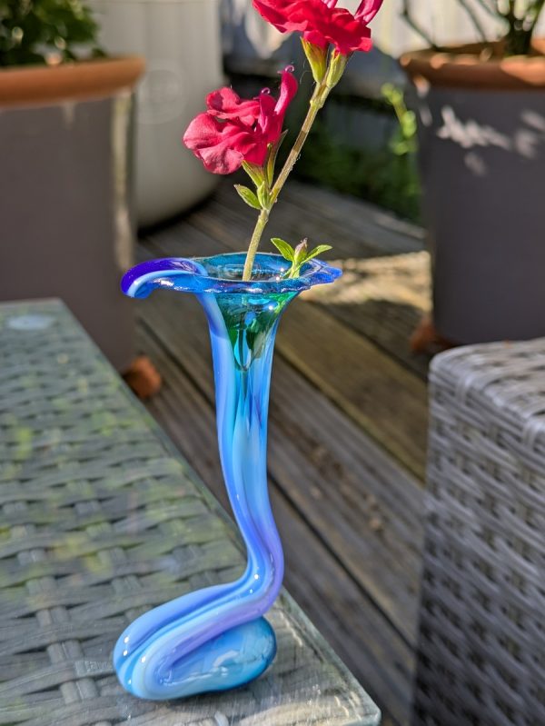 Striking streaky blue gooseneck vase