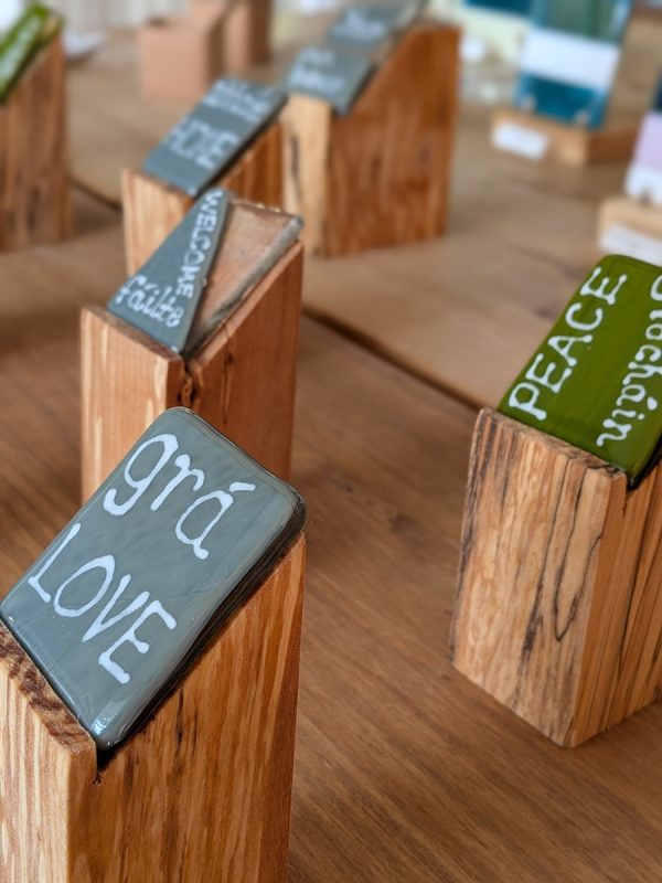 Thoughtful and personal Gaelic word glass slates. 5cm x 4cm plus handmade stand.